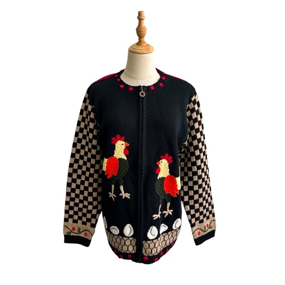 Quacker Factory The Farm Full Zip Knit Cardigan Sweater Black Red Size Medium - Picture 1 of 13